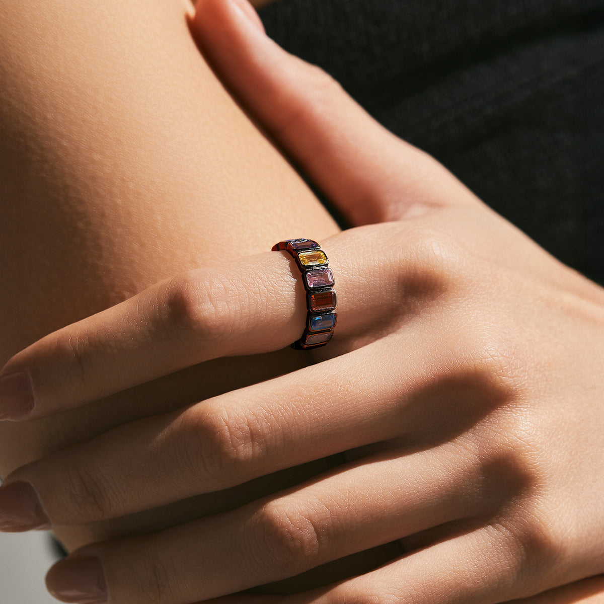 925 Sterling Silver Bow Rainbow Square Ring