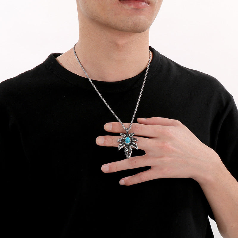 Vintage Plant Maple Leaf Straight Batch, Punk Stainless Steel Turquoise Leaf Men's Pendant Necklace