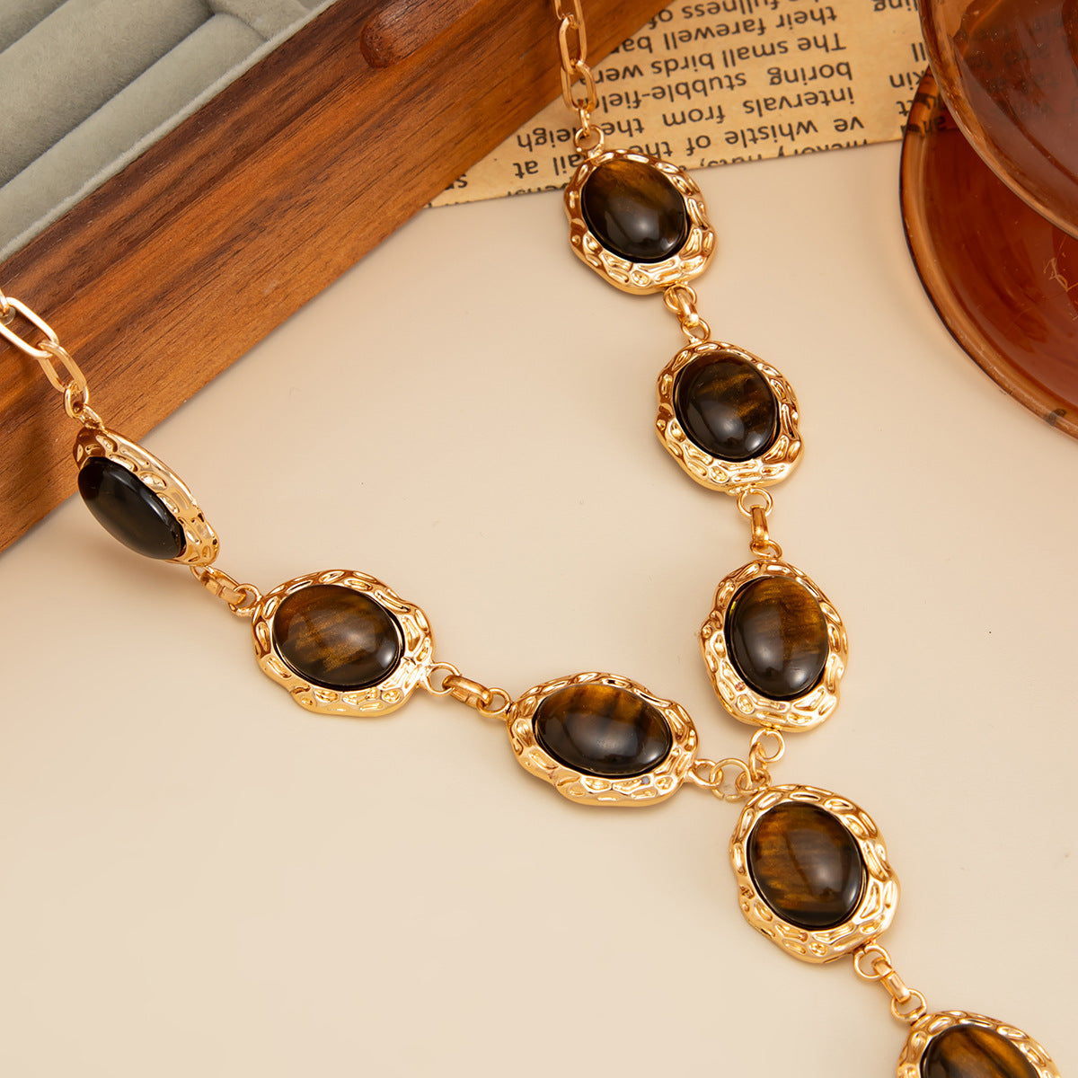 Tiger-Eye-Style Pleated Y-Necklace