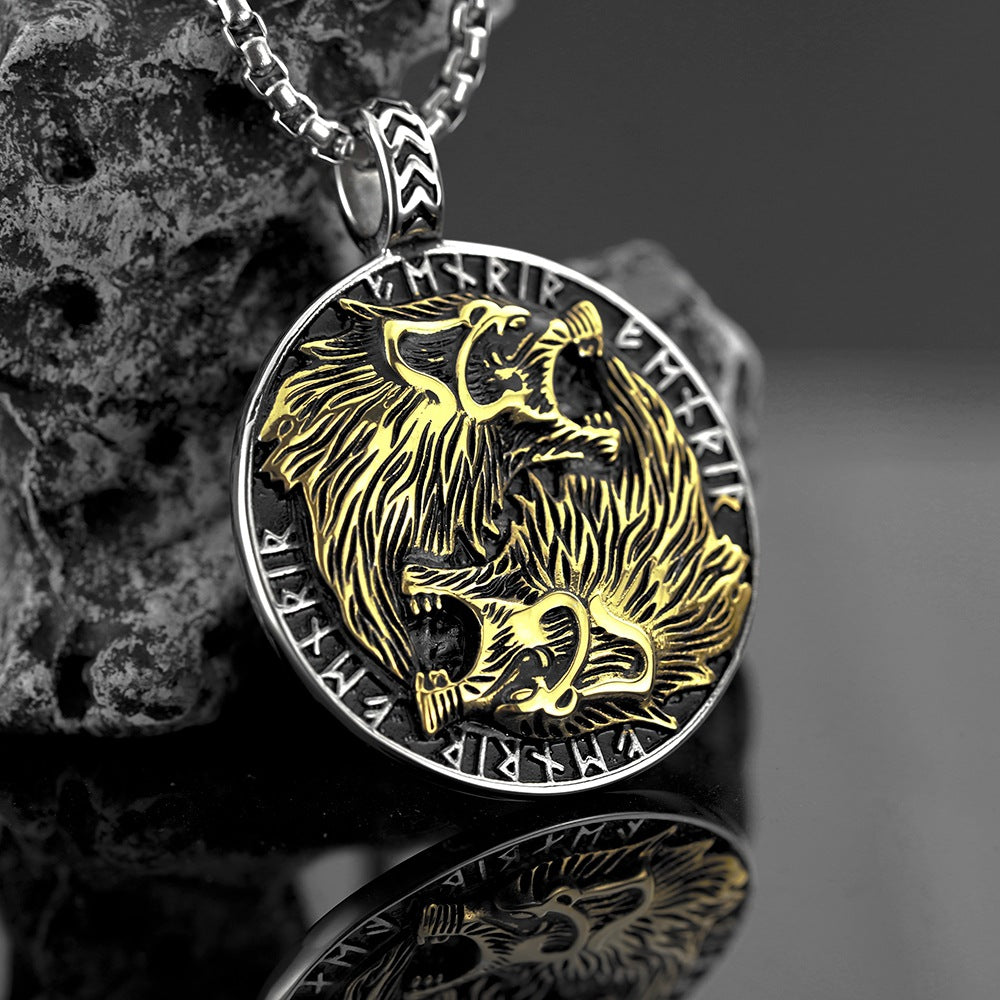 European and American Jewelry Wholesale Titanium Steel Men's Pendant Necklace with Double Wolf Head Design
