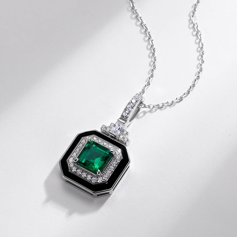 Planderful Jewelry Lab Grown Emerald Pendant Necklace In Sterling Silver S925 Square Vintage Design