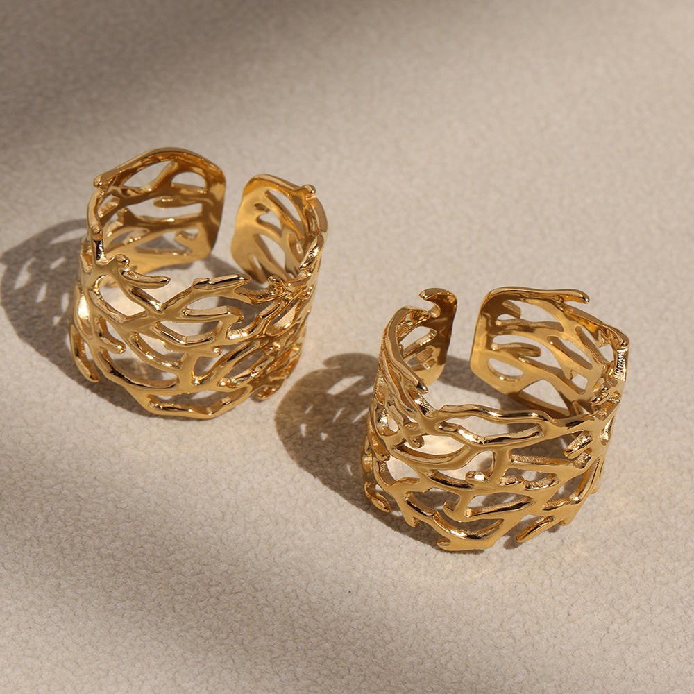 Planderful Coral Wide Open Ring For Women Stainless 18K Gold