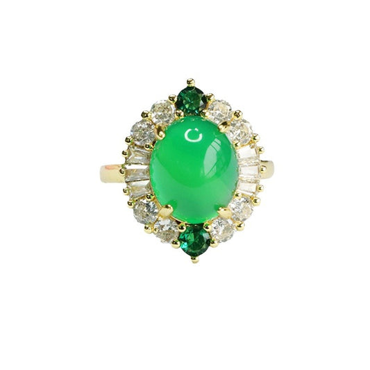 Emperor's Fortune Green Chalcedony Ring with Red Agate and Zircon Slots