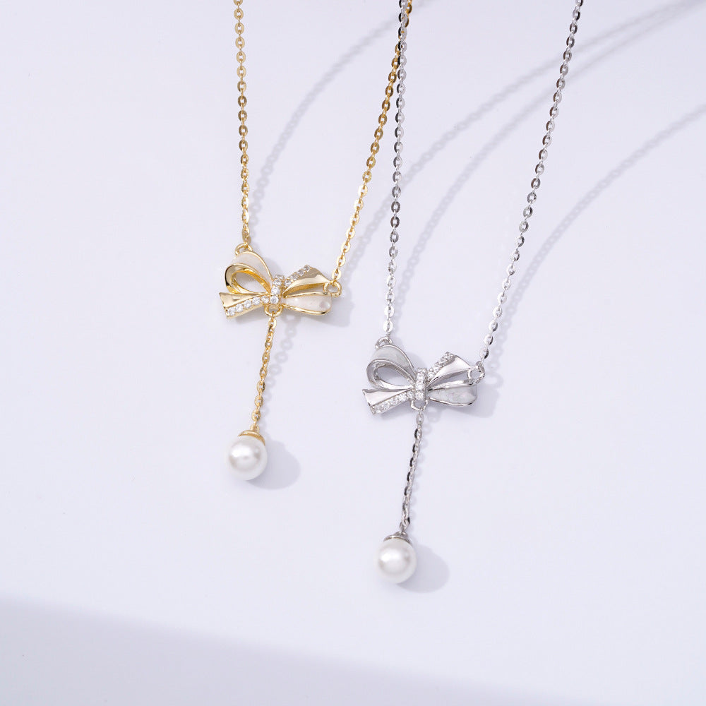 Korean INS Style 925 Silver Bow Pearl Tassel Necklace Women's Wholesale