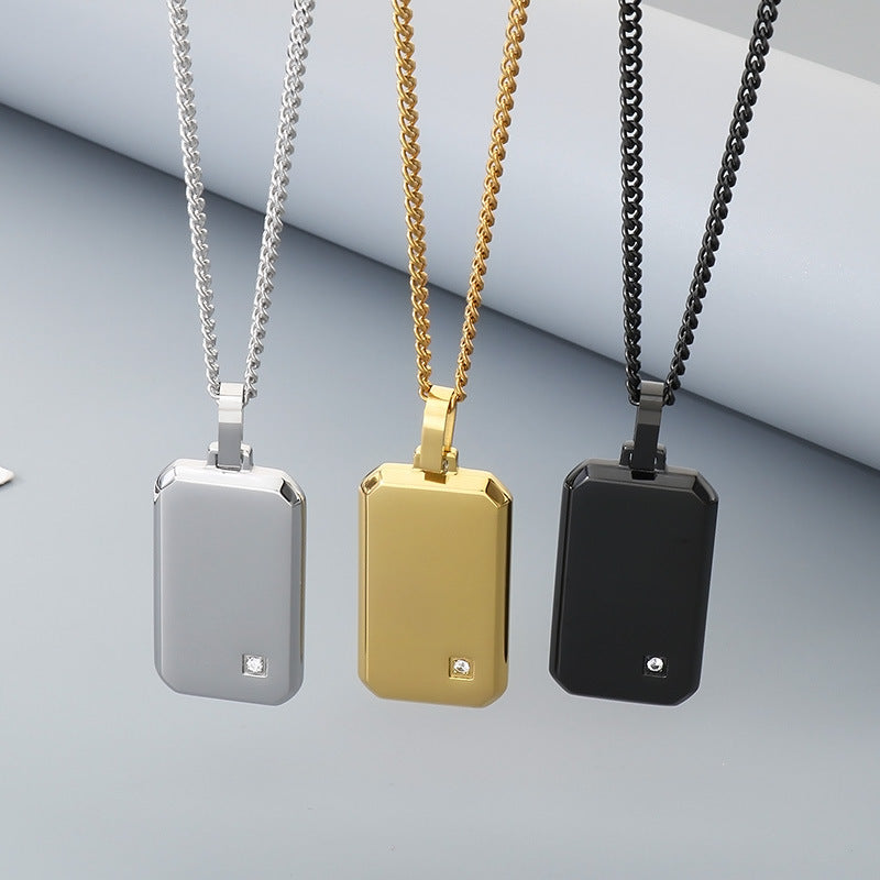 Minimalist Geometric Square Men's Zircon Necklace, Niche Stainless Steel Military Pendant