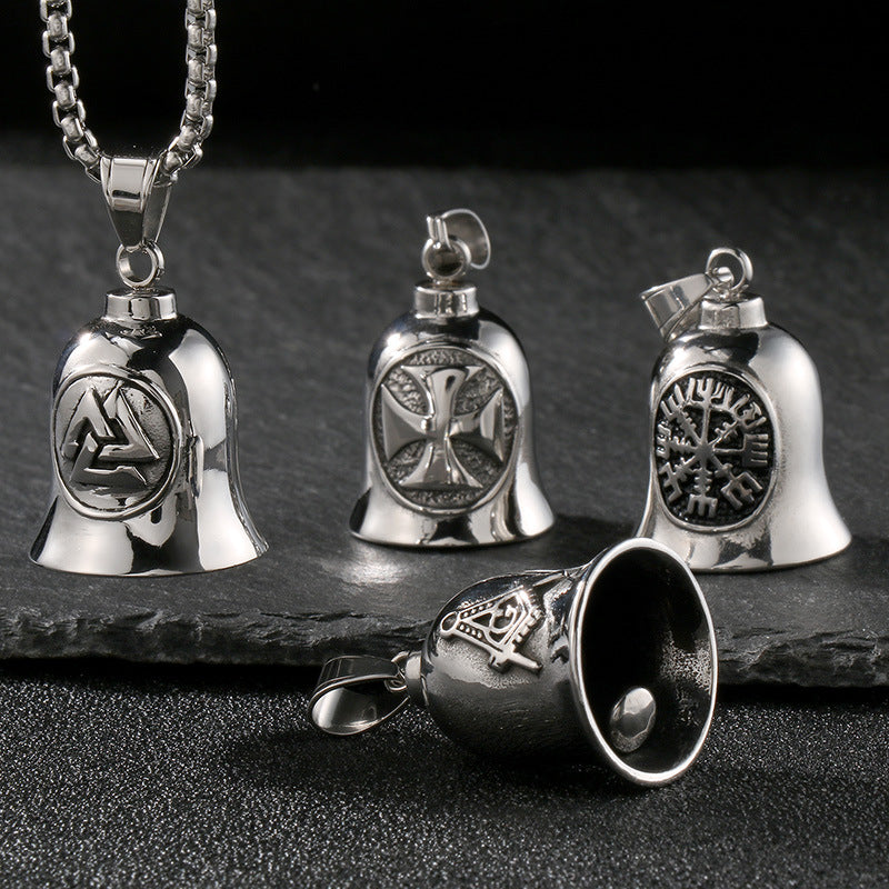 Viking Triangle Charm Locomotive Hanging Bells, Vintage Masonic Cross Angel Wings Bells Titanium Necklace