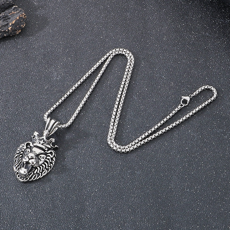 Planderful Lion Head Zircon Pendant Steel Mens Necklace