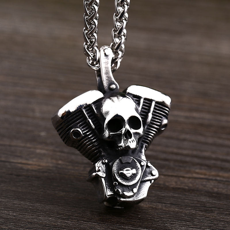 Titanium Steel Motorcycle Engine Pendant with Retro Skull Design for Men