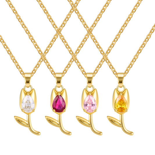 Red Water Drop Zircon Tulip Pendant Necklace for Ladies Copper