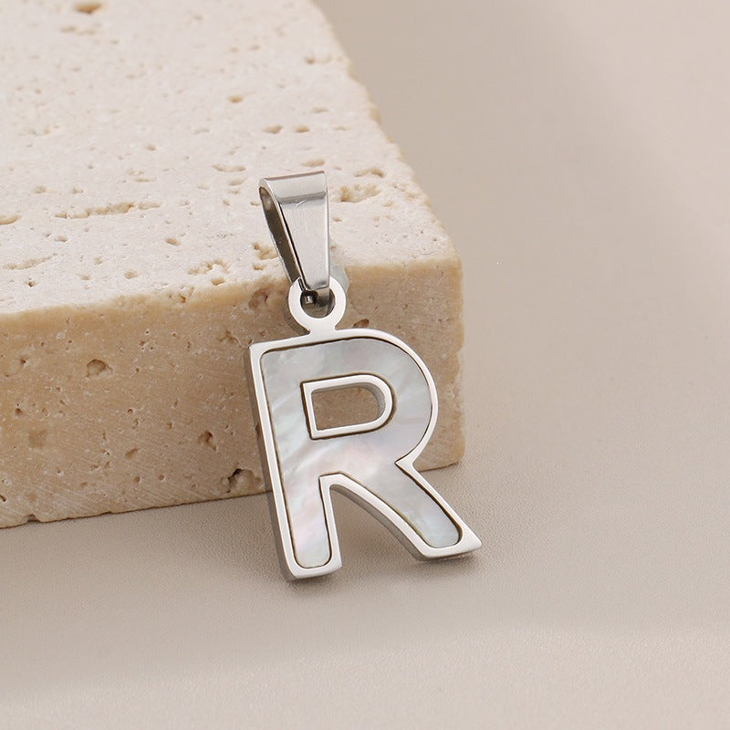 Women's'S Titanium Steel 26-Letter Pendant, White Fritillary Inlaid Stainless Steel Necklace