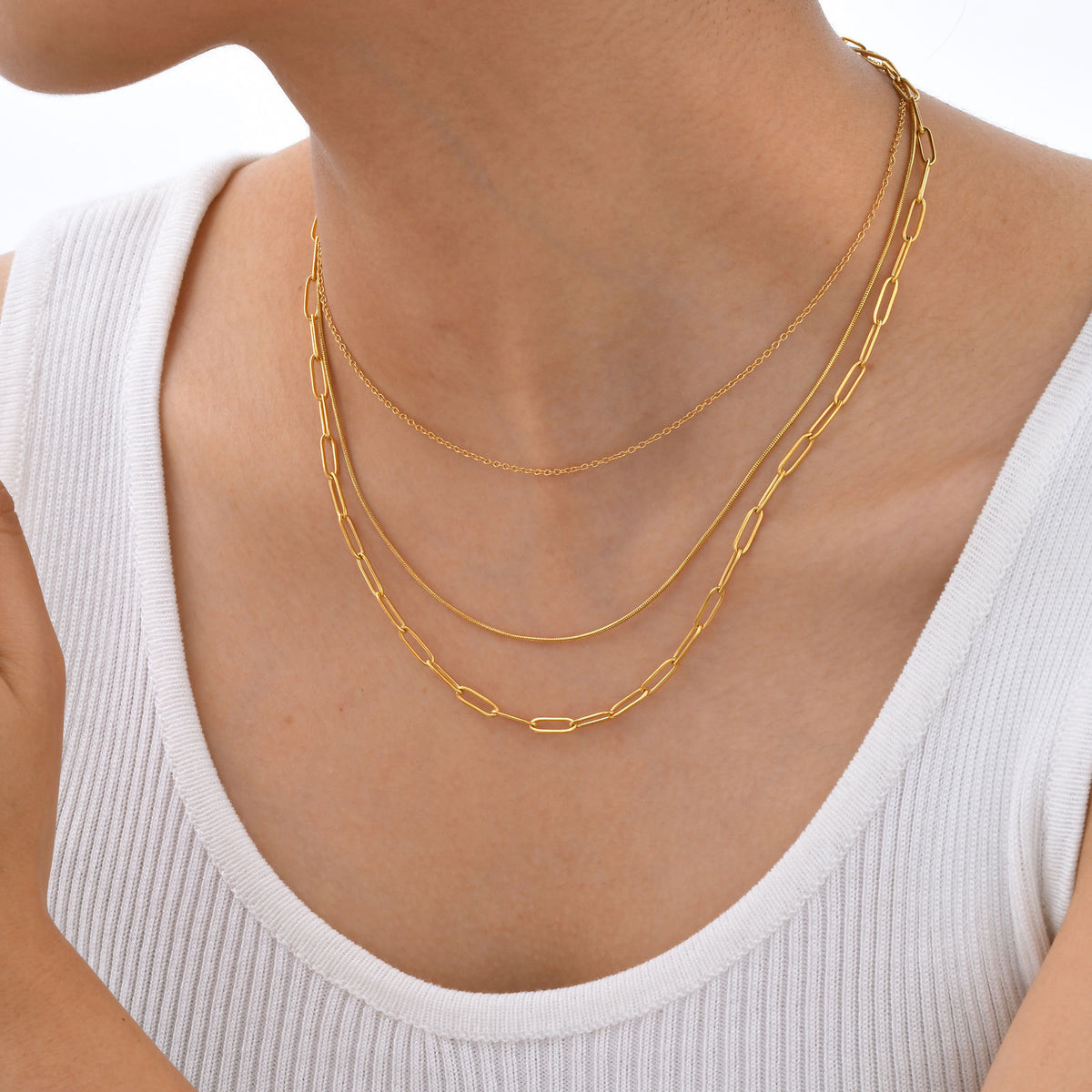 Stainless Steel Flat Cross Chain Round Snake Chain Small Square Chain Triple Gold Necklace
