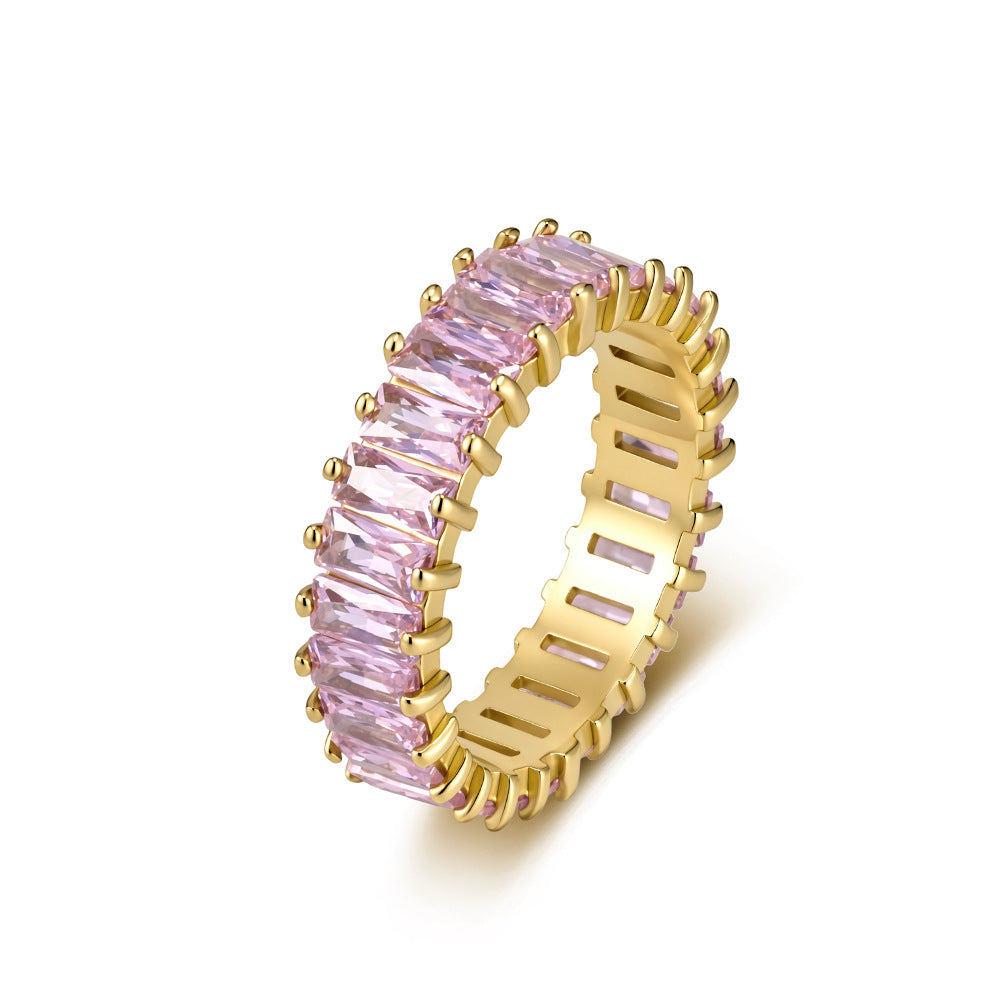 Stainless Steel Claws Rectangular Zircon Full Zircon Ring Women's Gold-Plated