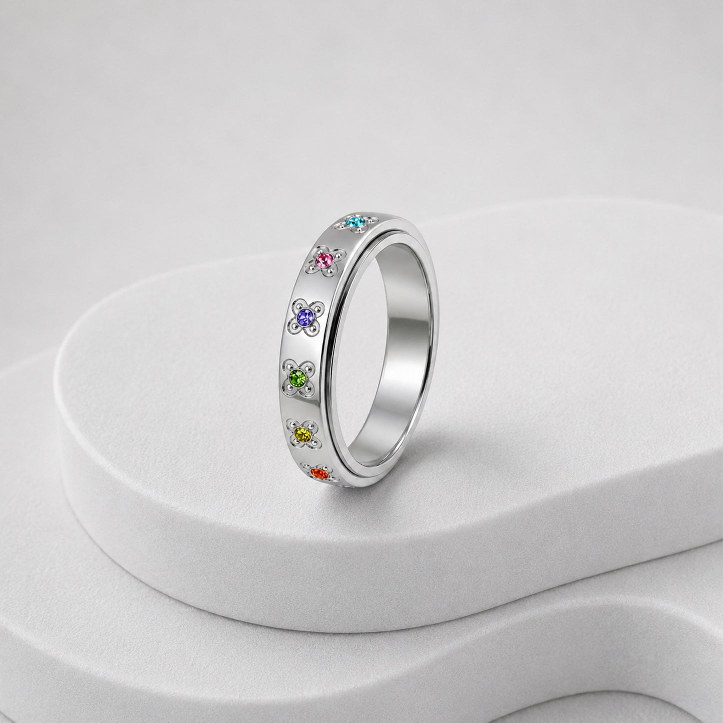 Planderful Rotatable Decompression Ring Stainless Steel Zircon Flower For Couples Unisex