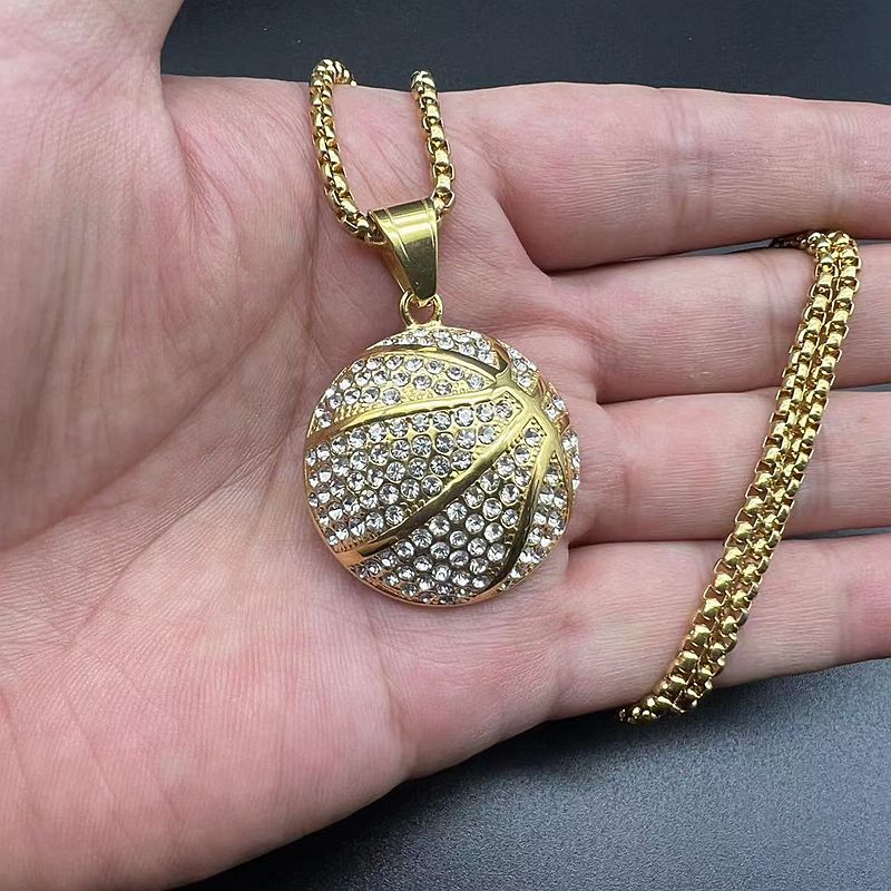 Planderful Basketball Pendant Necklace Premium Gold Plated Stainless Steel With Zircon For Hip Hop Fans