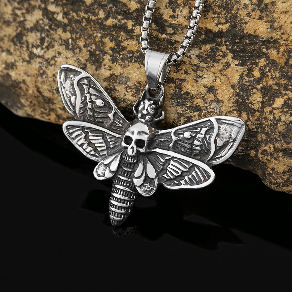 European And American Men's Fashion Jewelry Wholesale Stainless Steel Retro Moth Skull Pendant Necklace