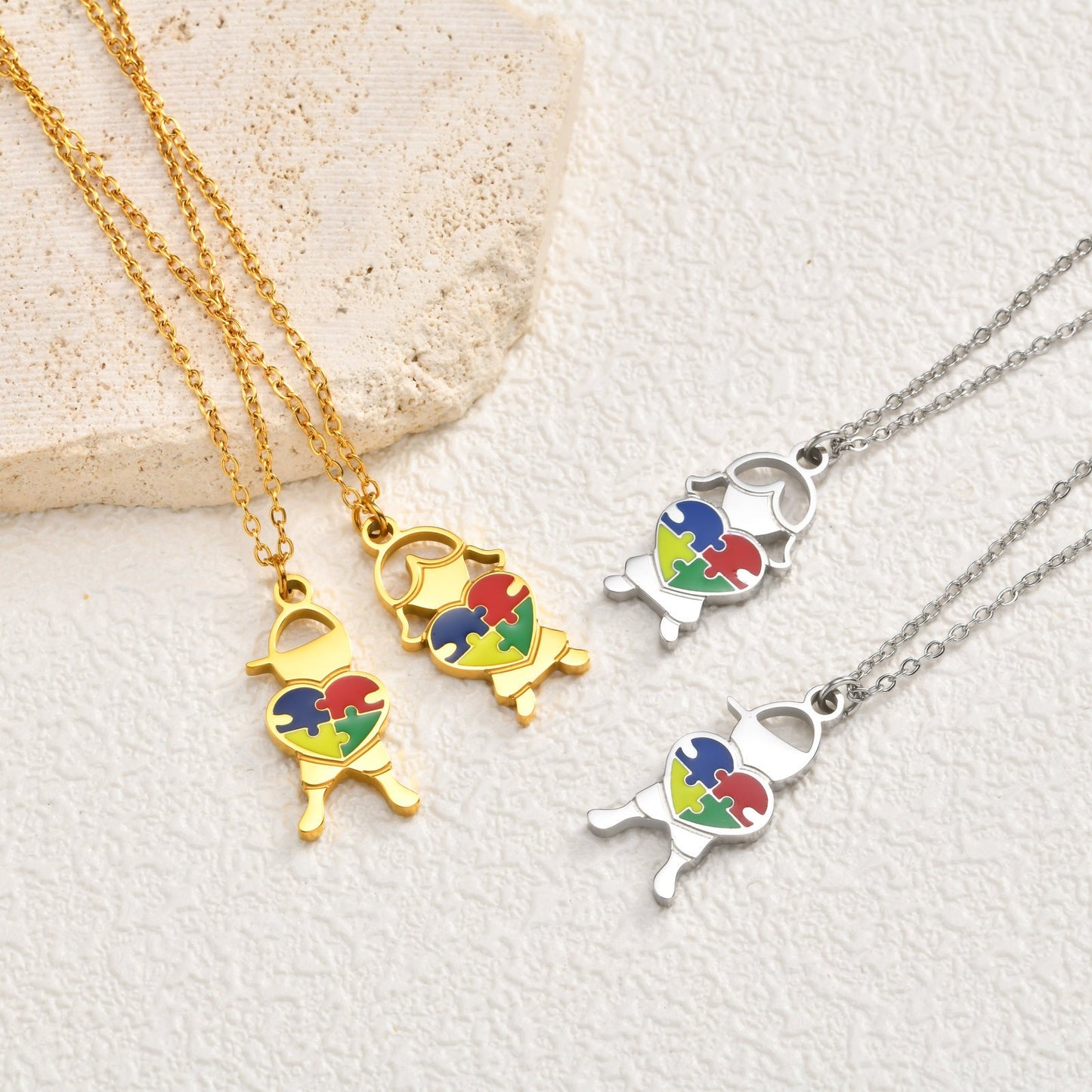 Stainless Steel Epoxy Heart-Shaped Puzzle Children's Necklace