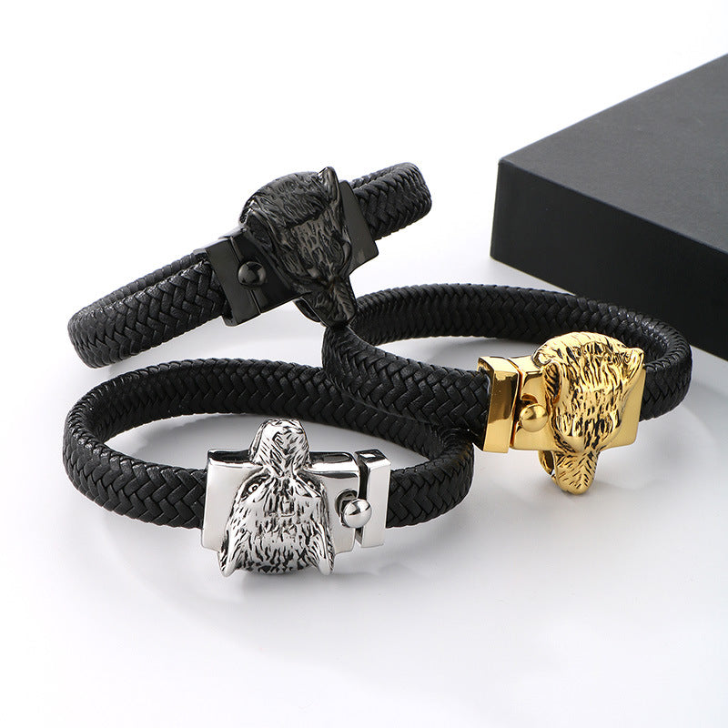 Planderful Mens Leather Wolf Head Bracelet Punk Style
