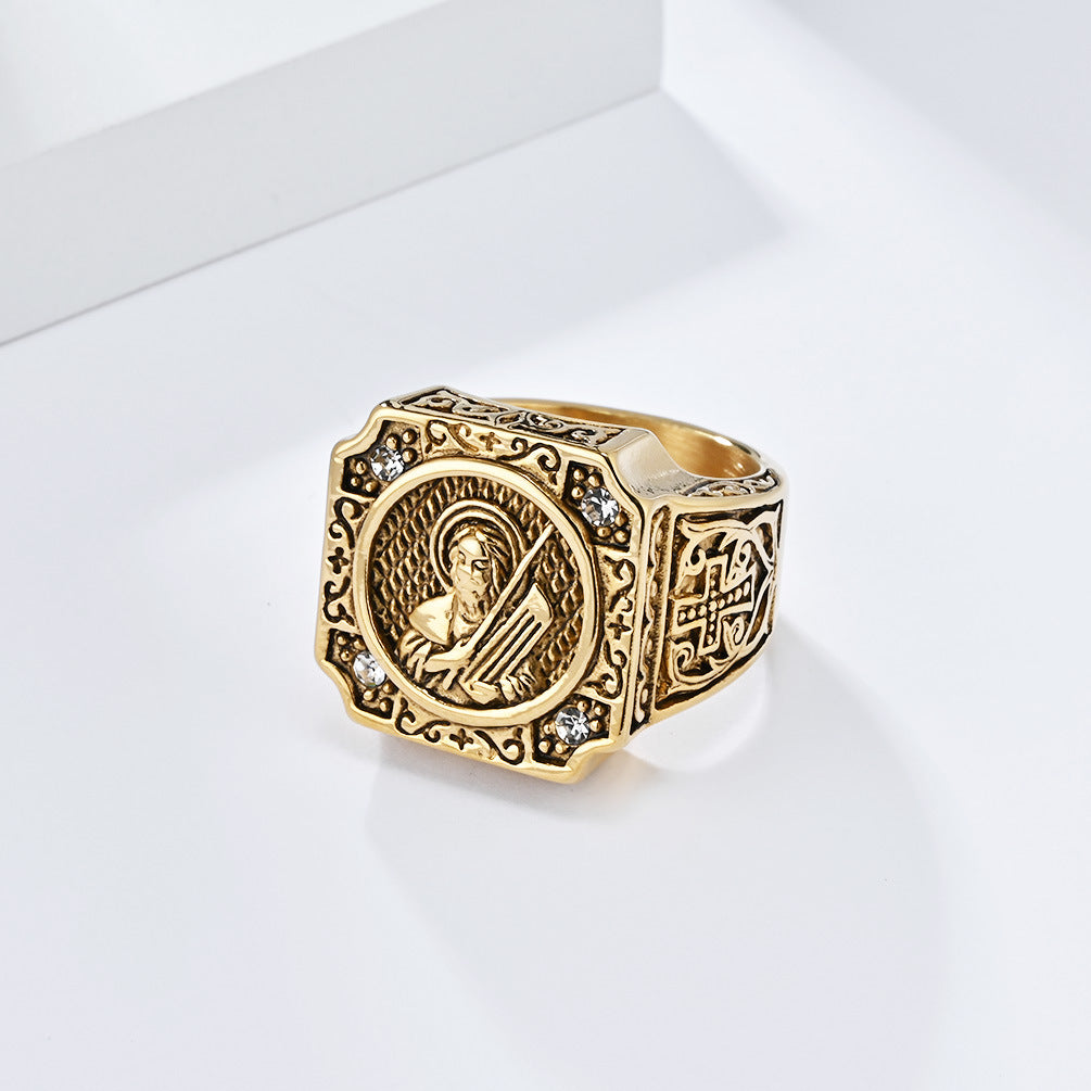 Planderful Cross Portrait Ring For Men Bold Steel Hip Hop Punk Style Durable Everyday Jewelry