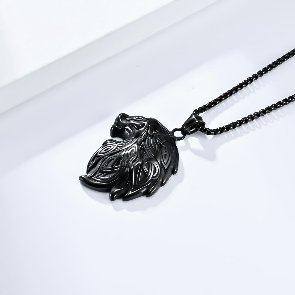 Planderful Viking Lion Head Pendant Necklace Durable Steel Triangular Knot Design For Him Bold Nordic Totem
