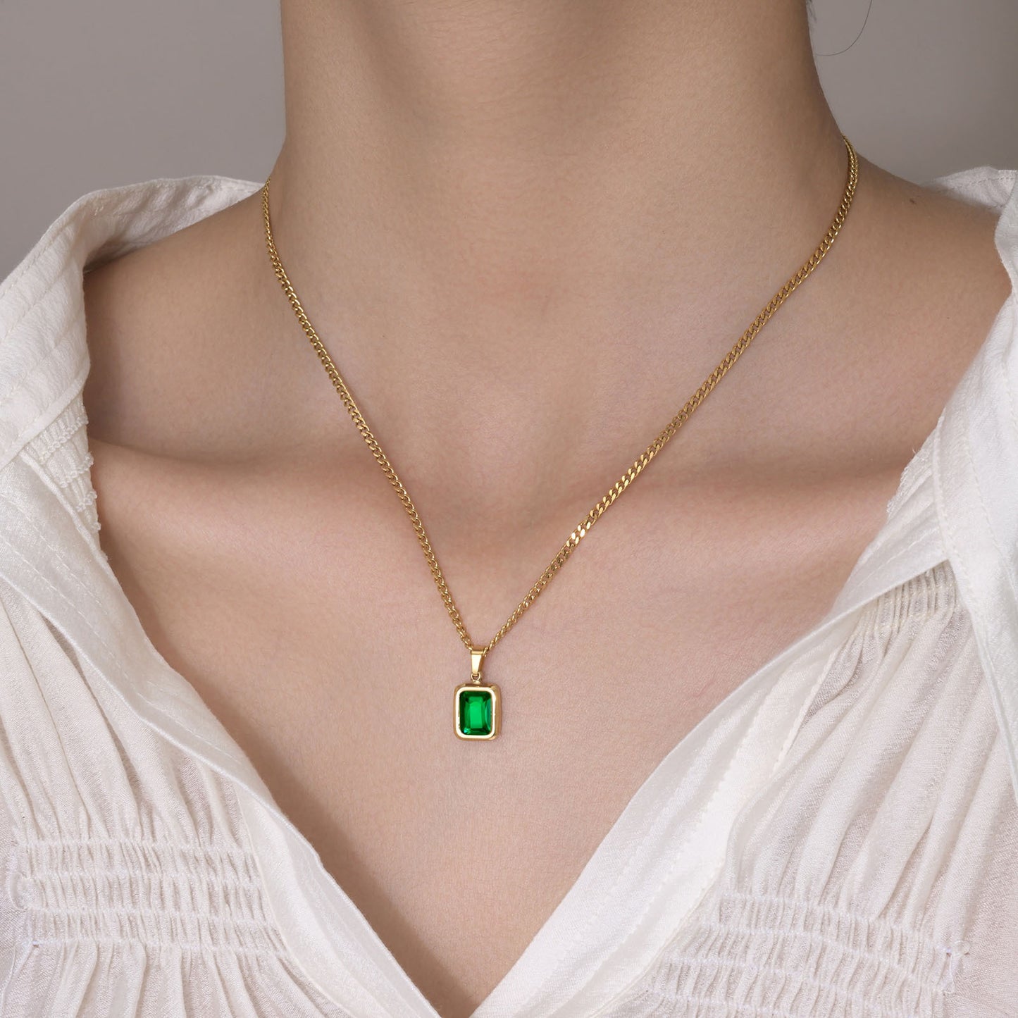 Necklace Stainless Steel White Zircon Green Zircon Gold Lady