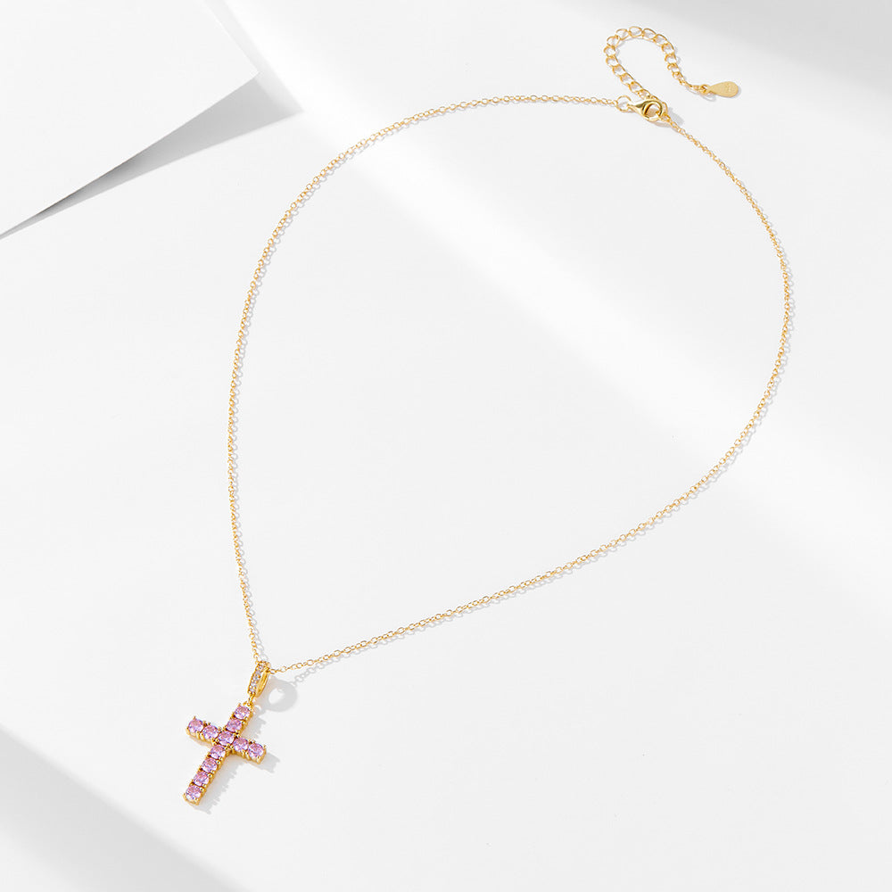 Hip Hop Cross Necklace 925 Sterling Silver Hipster Pink Zircon Pendant