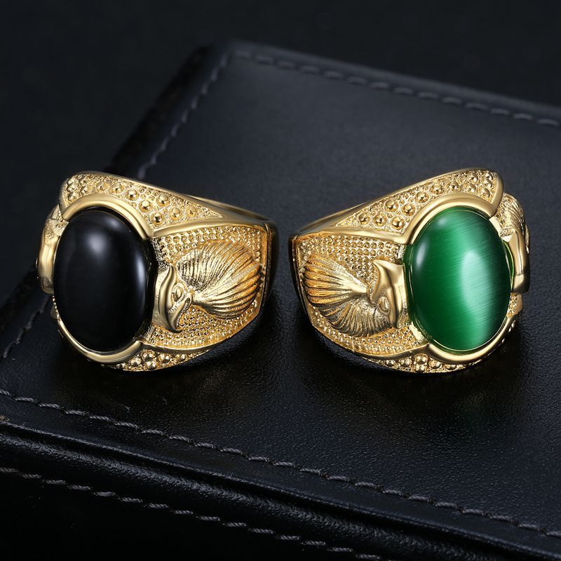 Planderful Collection Hip Hop Ring Gold Plated Rhinestone Opal Stainless Steel Eagle Mens