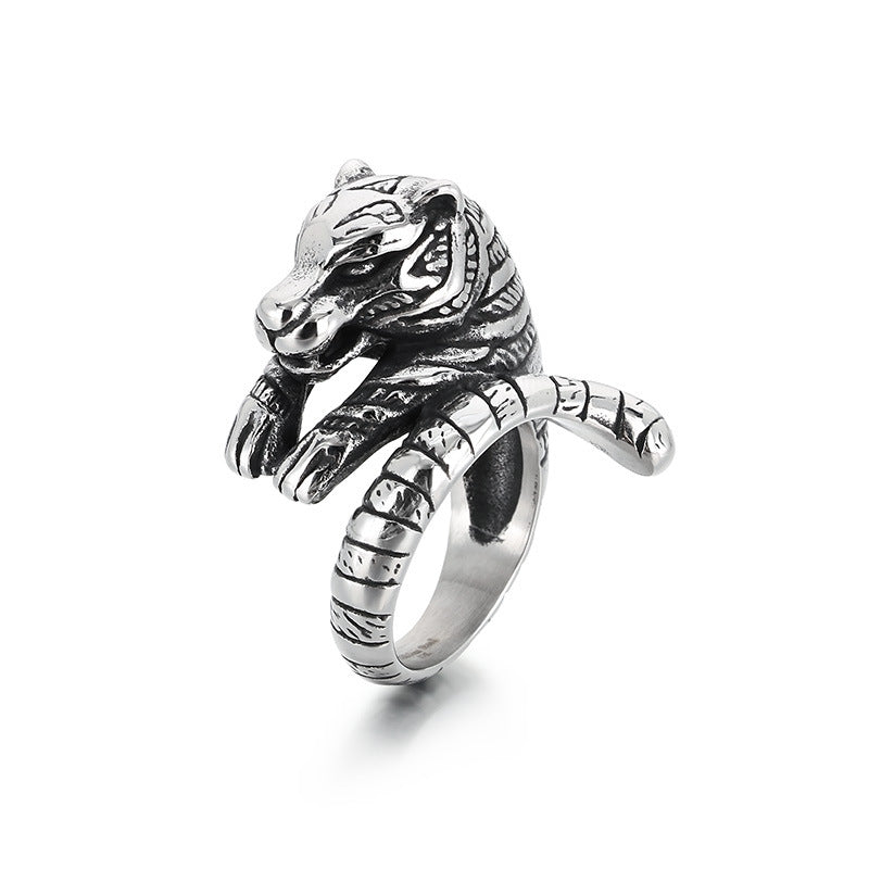 Planderful Zodiac Tiger Head Ring Mens Titanium Steel