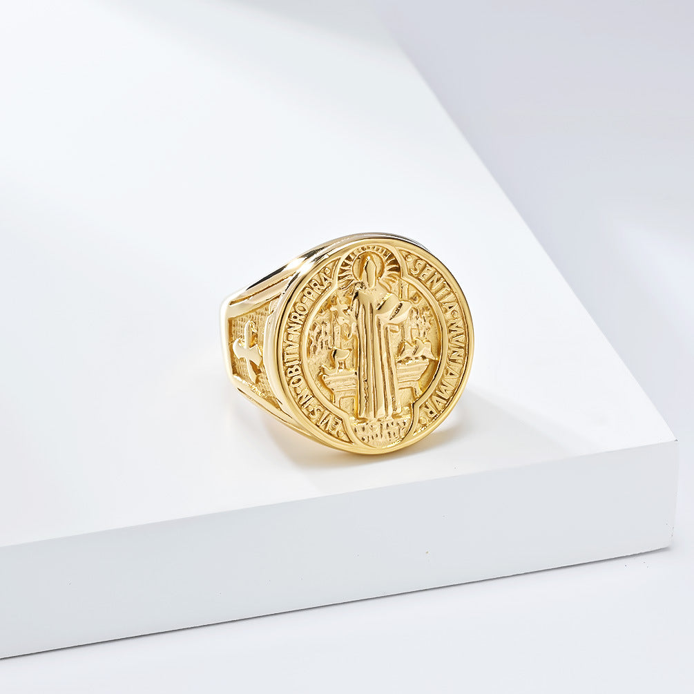 Planderful St Benedict Ring For Men Titanium Steel Durable Iconic Exorcism Symbol Jewelry