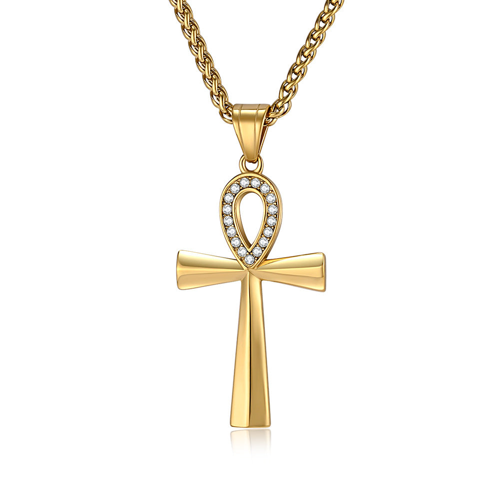 Planderful Ankh Zircon Cross Necklace For Men Titanium Steel Pendant With Inlaid Zircon Stones