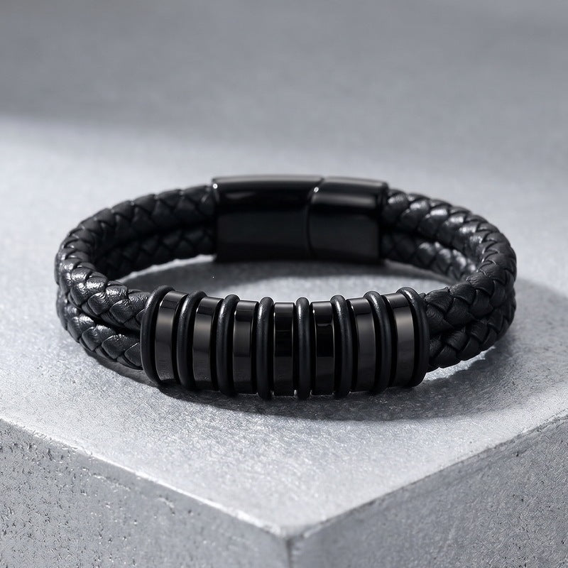 Blue/Black Leather Bracelet Double Layer Braided Microfiber Leather Stainless Steel
