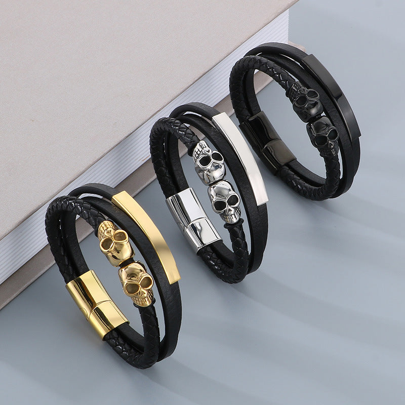 Planderful Mens Stainless Steel Skull Buckle Bracelet