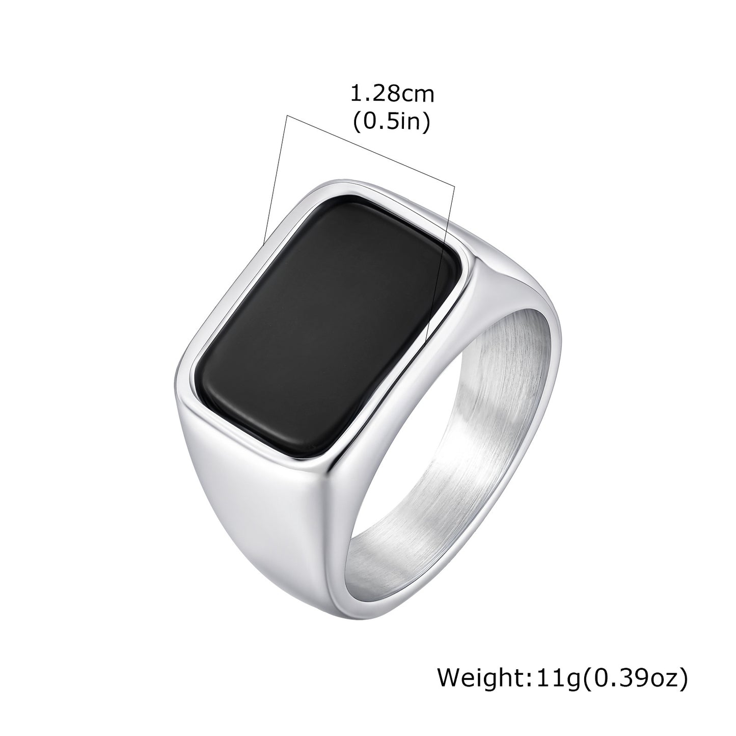 Stainless Steel Geometric Square Black Glass Stone Ring Mens