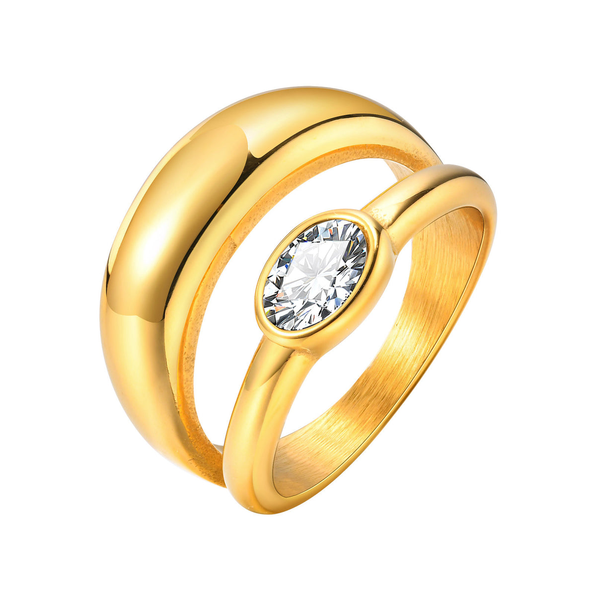 Glossy Stainless Steel Oval Zircon Gold Ring Ladies