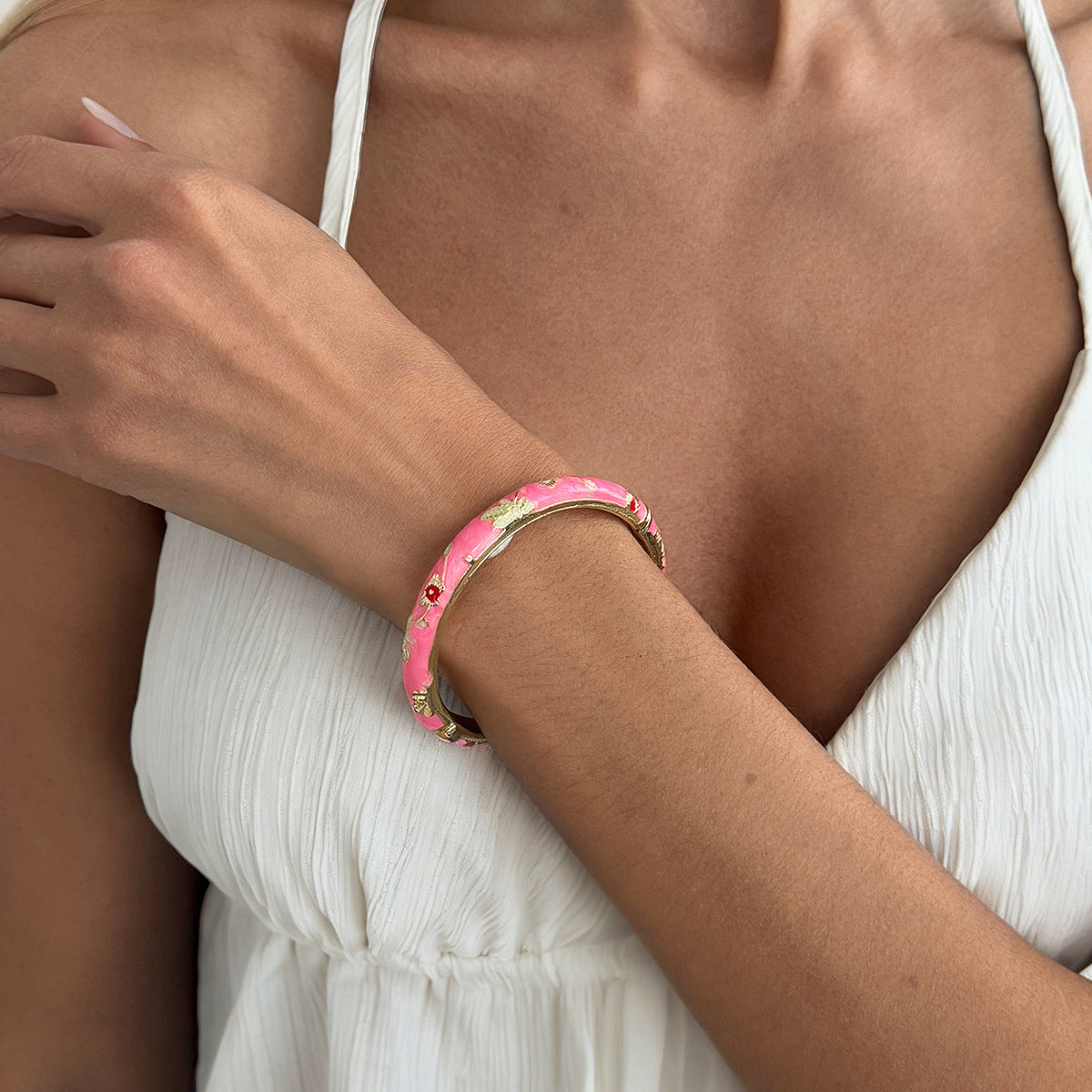 Planderful Vienna Verve Floral Opening Bracelet For Women Pastel Color Dripping Oil Style Elegant Metal Jewelry