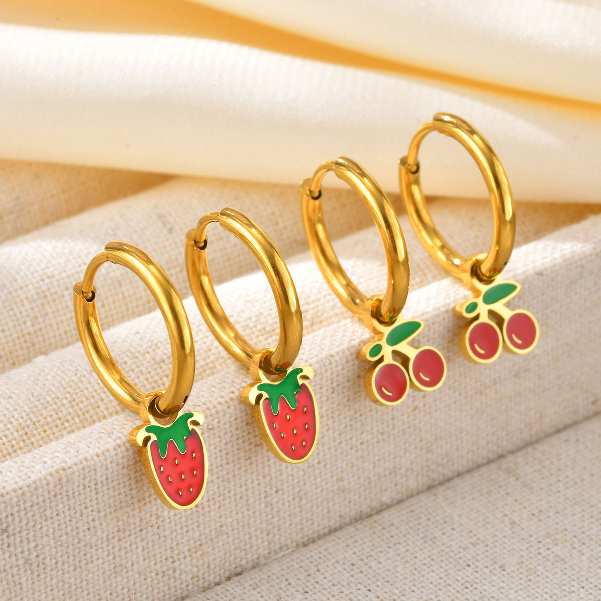 Fruit Charm Huggie Hoop Earrings — Cherry or Strawberry