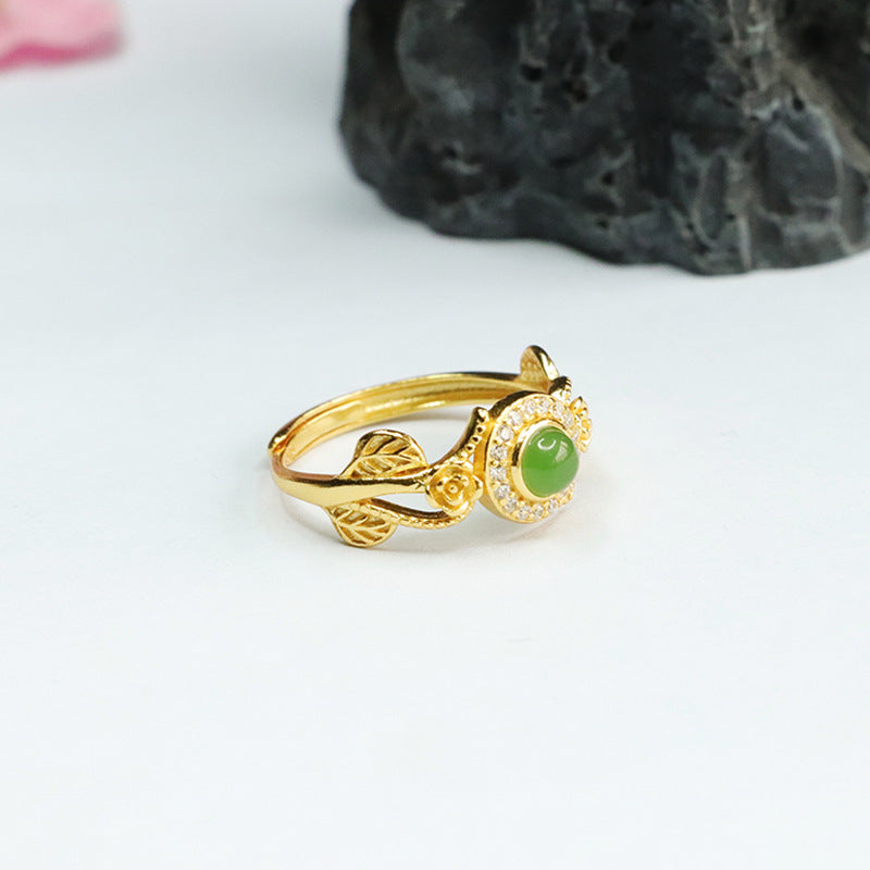 Elegant S925 Silver Natural Hotan Jade Jasper Flower Leaf Zircon Ring