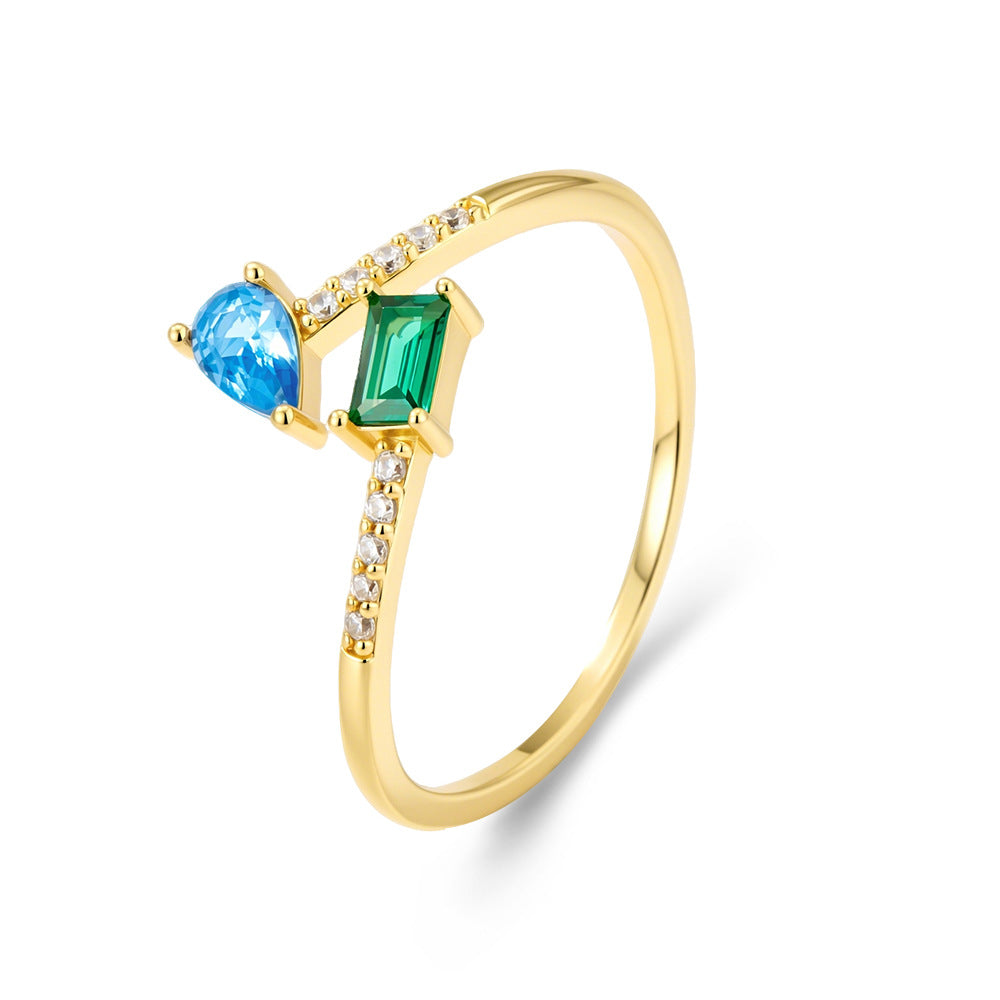 Design Colored Zircon Open Sterling Silver Ring Retro Geometric Ring