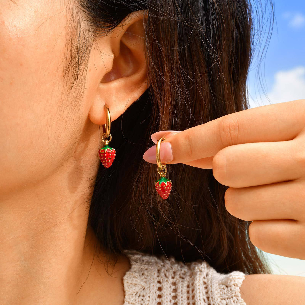 Red Strawberry Charm Gold-Tone Hoop Earrings