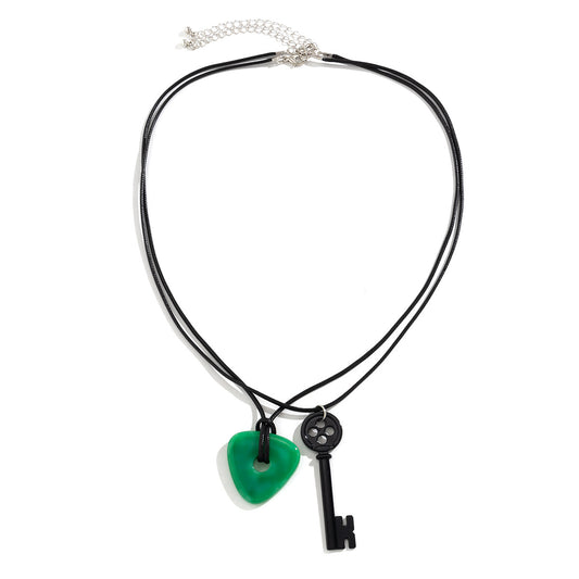 Retro Triangle Dial Pendant Necklace with a Cherry-Fizz Design, Double Layered Necklace with a Vogue Key Accents