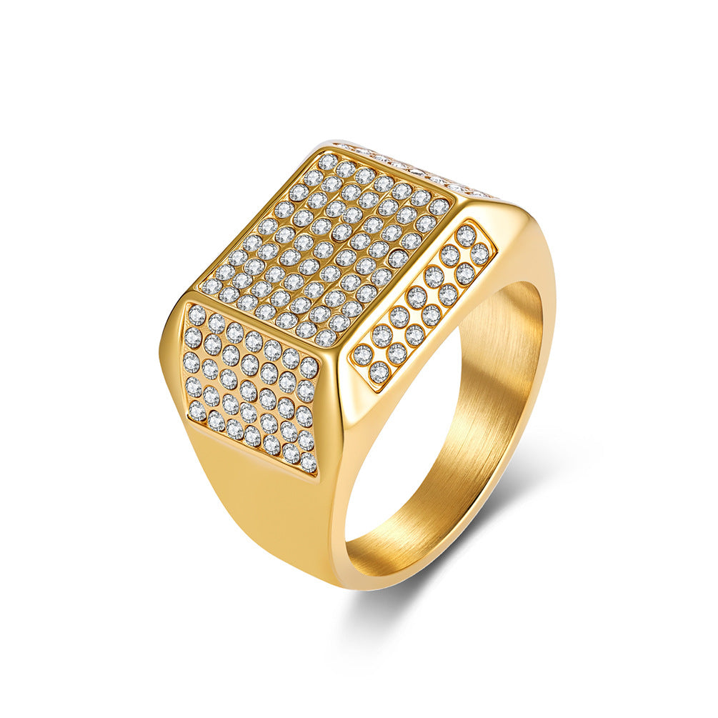 Street Stainless Steel Gold-Plated Zircon Ring Men's