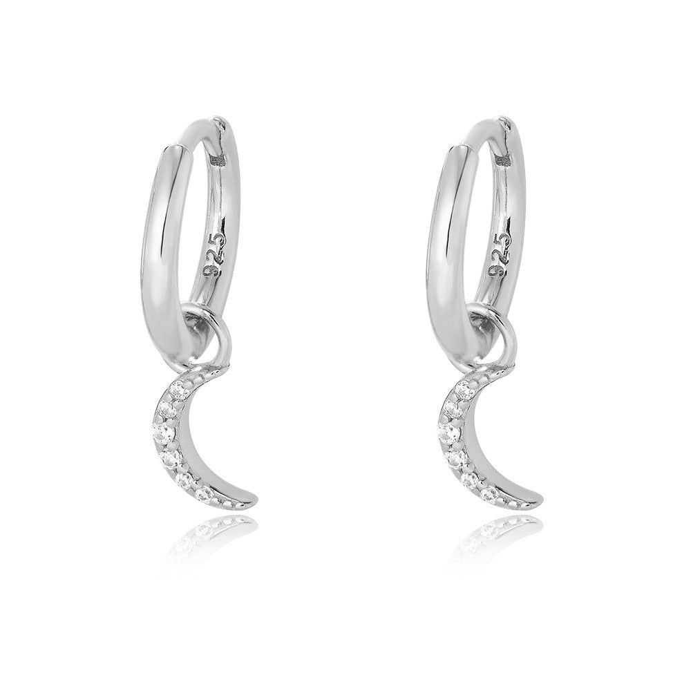 S925 Sterling Silver Small Micro-Inlaid Zircon Moon Earrings