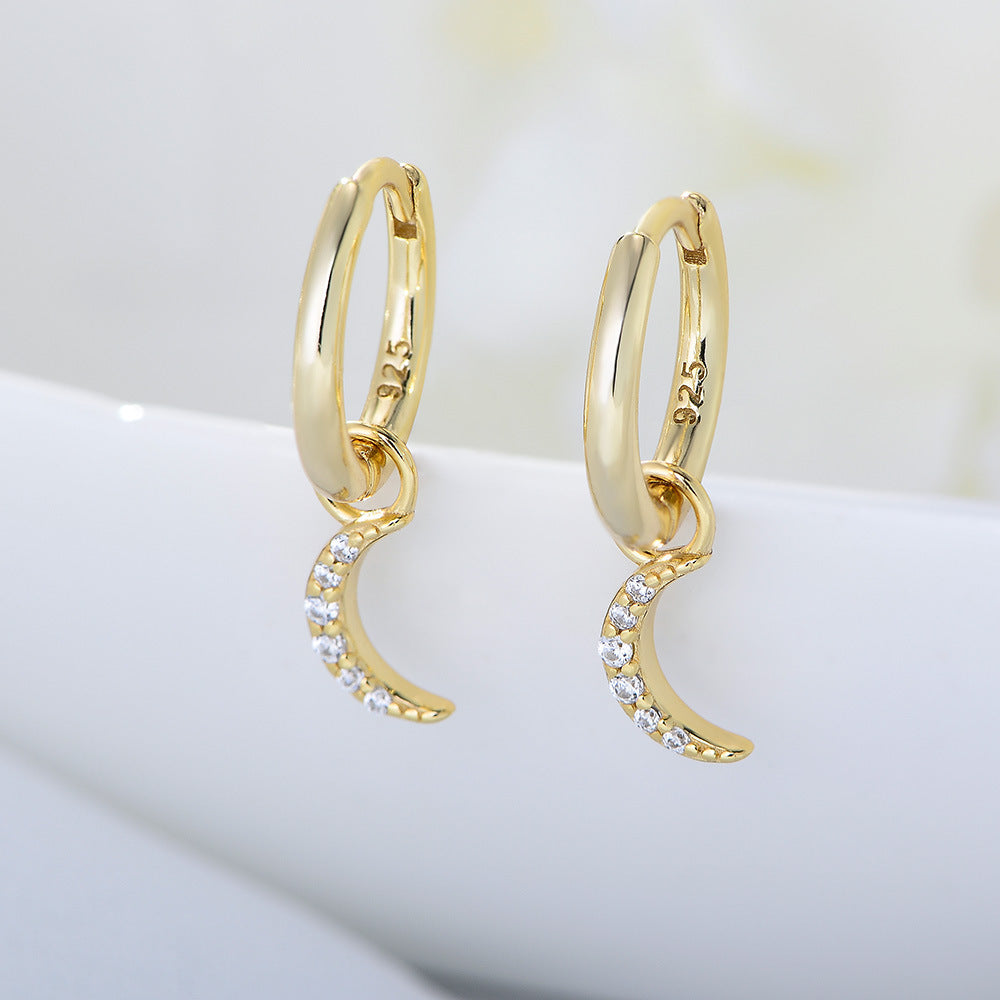 S925 Sterling Silver Small Micro-Inlaid Zircon Moon Earrings