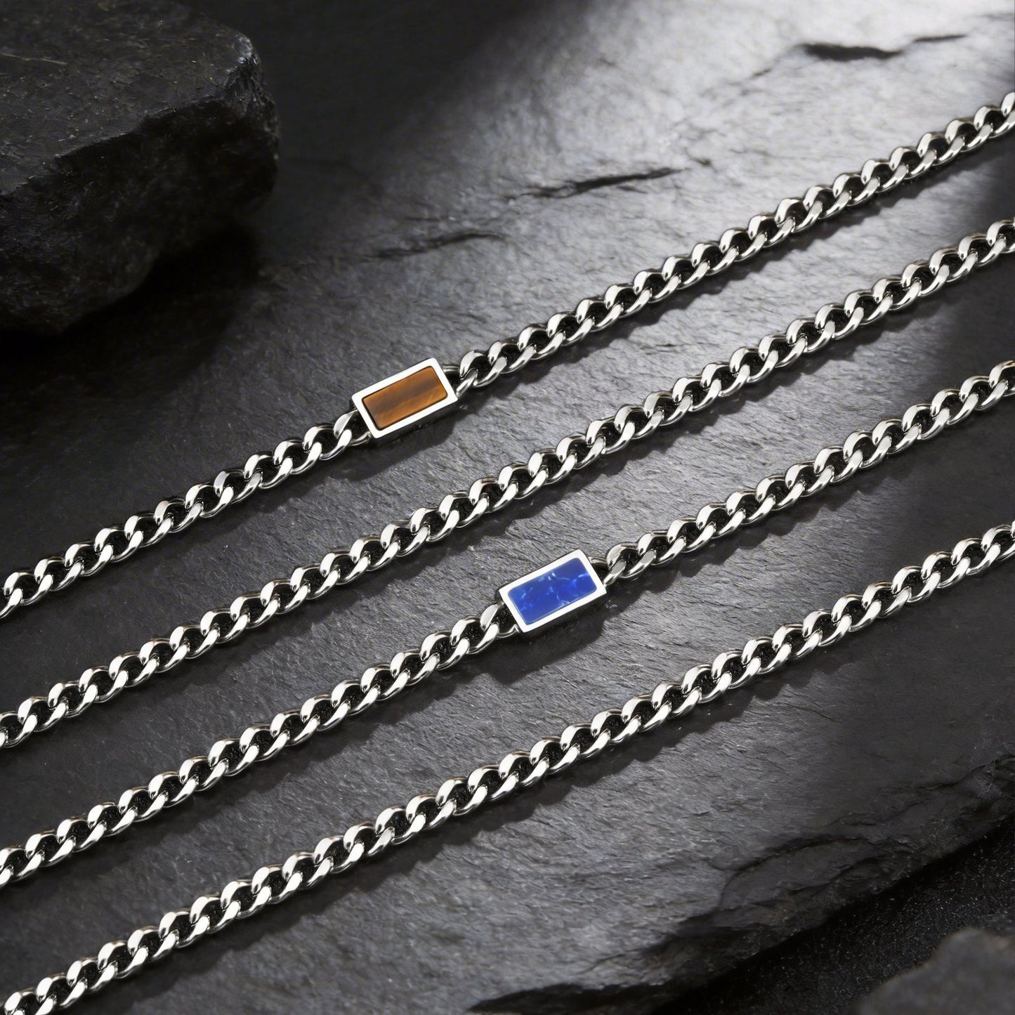 Stainless Steel Grinding Chain Square Tiger's Eye Stone Shape Sense Cool Sa Necklace