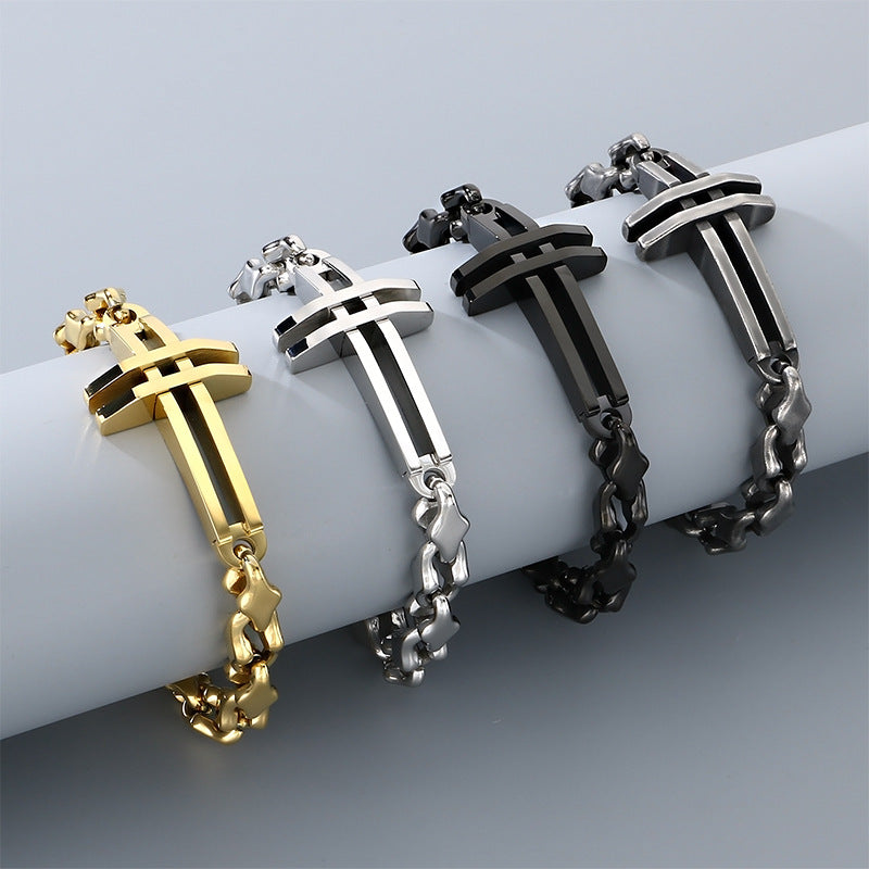 Hip-Hop Hand-Spliced – Niche Double-Layer Hollow Cross Rhombus Chain – Titanium Steel Bracelet