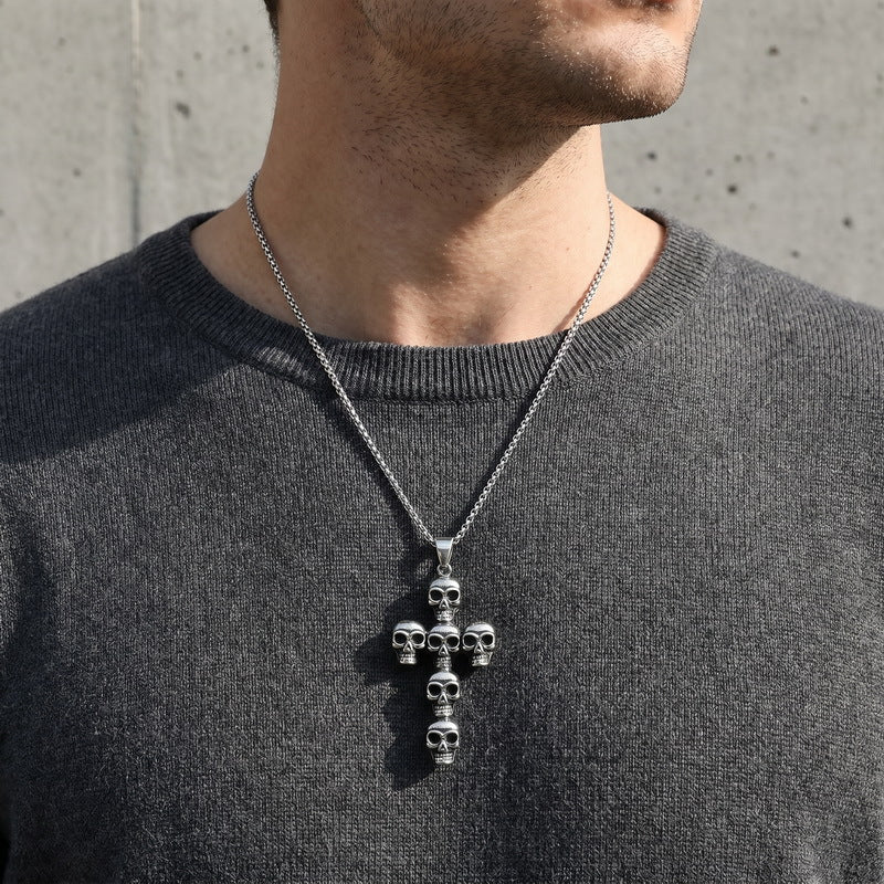 Cross Flower Pendant, Punk Style Goth Smear Skull Cross Stainless Steel Men's Pendant Necklace