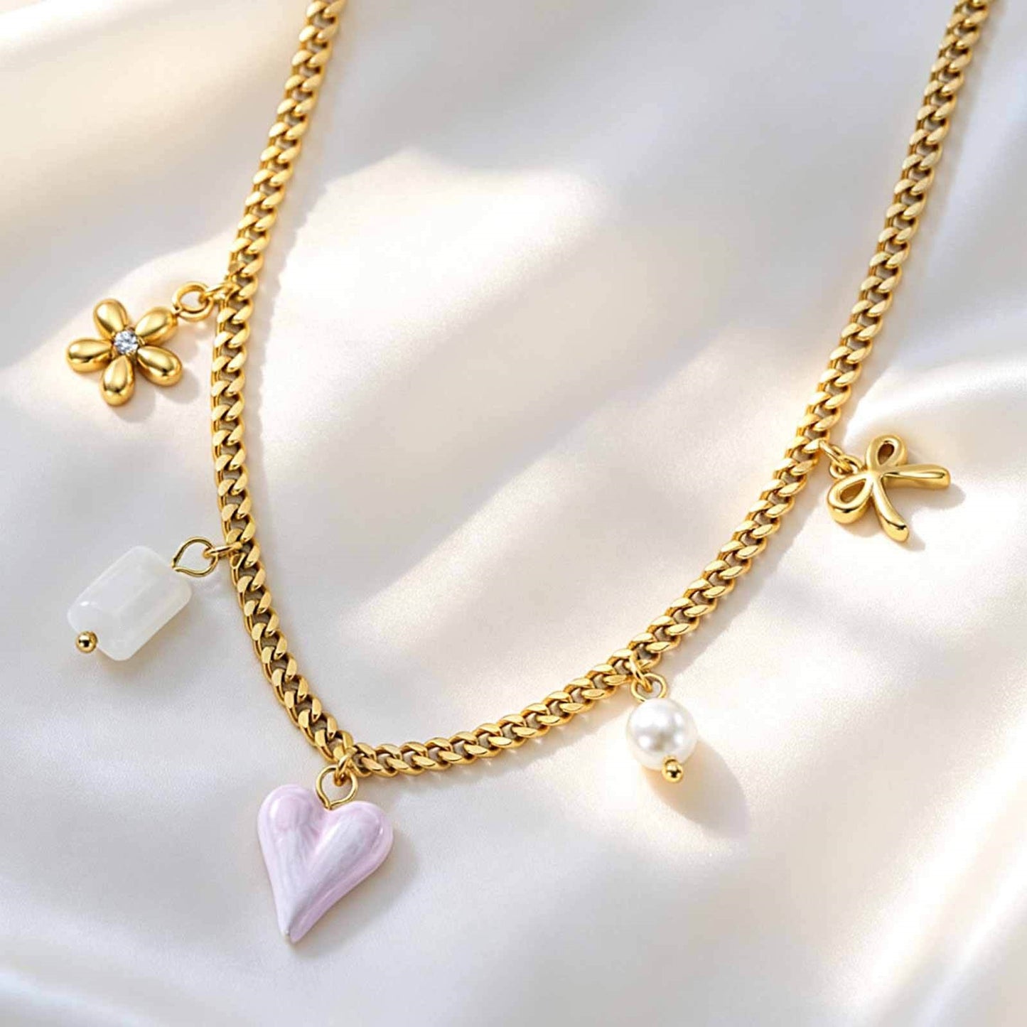 Stainless Steel Women's Heart-Shaped Imitation Pearl White Jade Natural Stone Bow Flower Necklace
