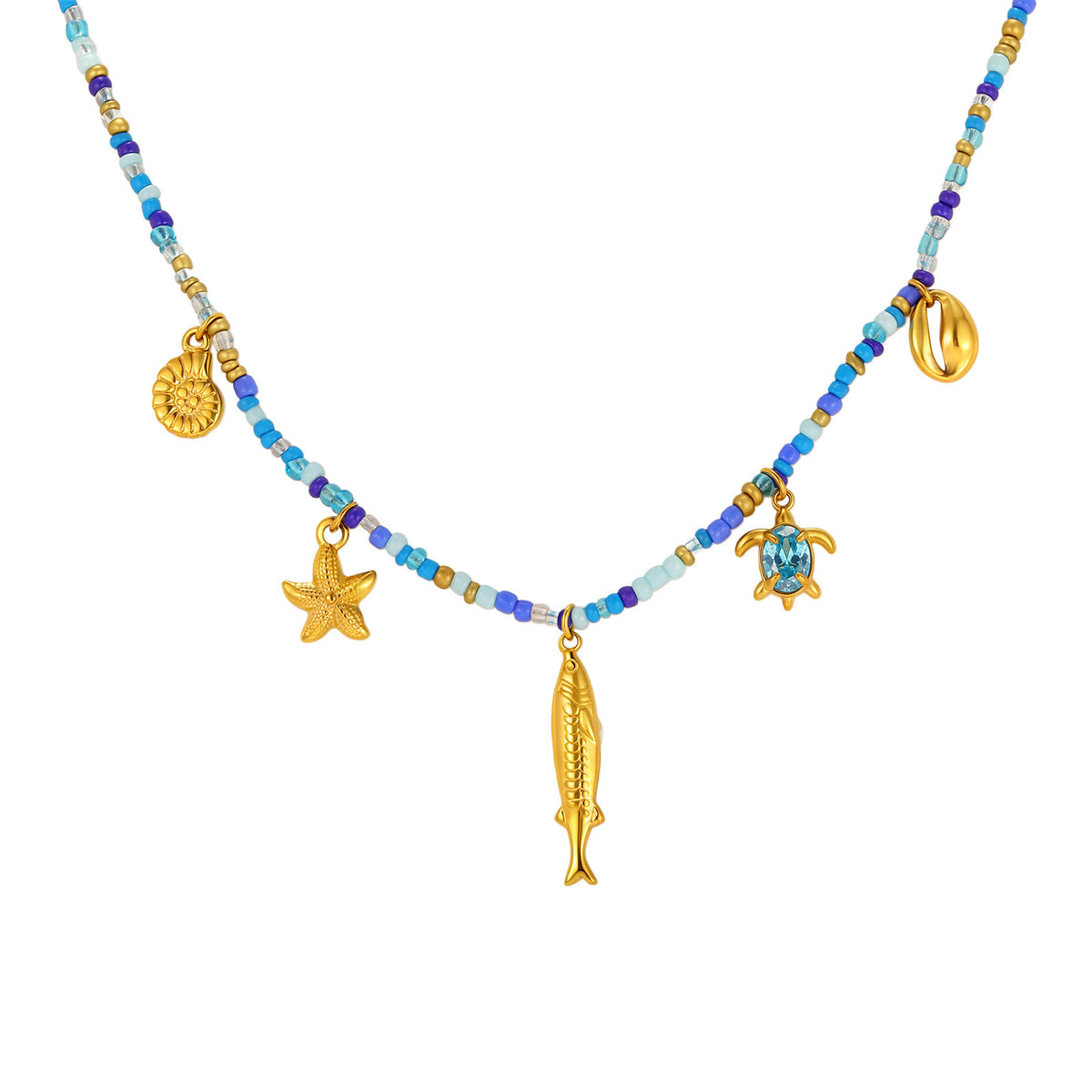 Ocean Wind Stainless Steel Ocean Fish Conch Starfish Dopamine Blue & White Color Beaded Necklace