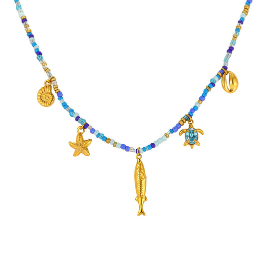 Ocean Wind Stainless Steel Ocean Fish Conch Starfish Dopamine Blue & White Color Beaded Necklace