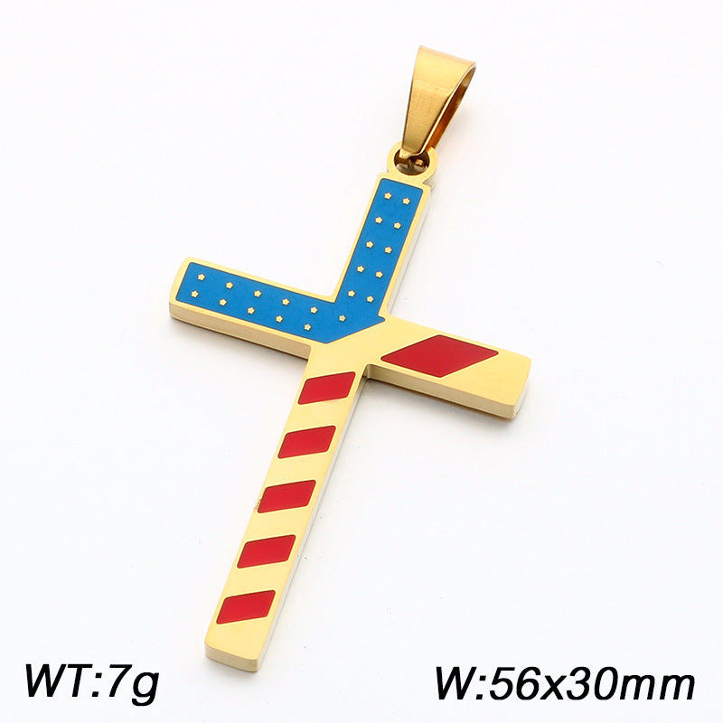 European, American Hip-Hop American Star-Spangled Banner Cross Dripping Oil Vacuum Plating Stainless Steel Necklace