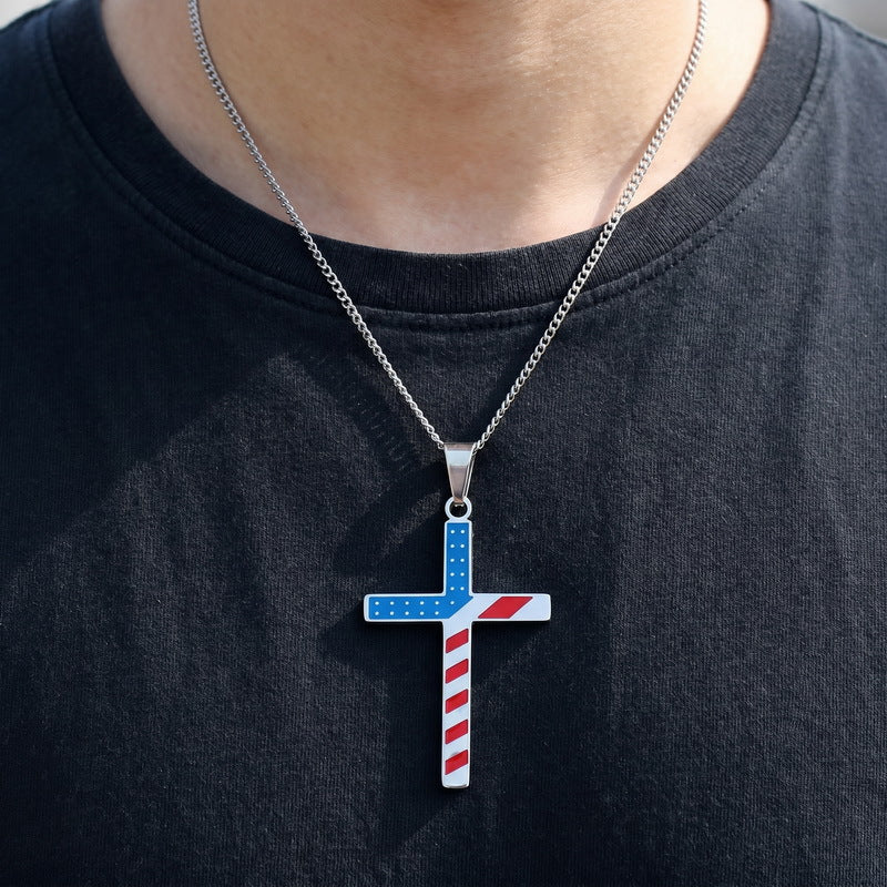 European, American Hip-Hop American Star-Spangled Banner Cross Dripping Oil Vacuum Plating Stainless Steel Necklace